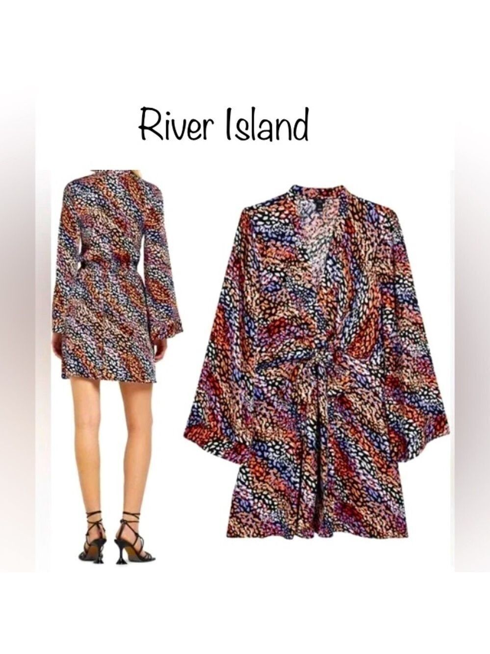 River Island Tie Front Belted Vibrant Mini Dress w Bell Sleeves W6 100% viscose